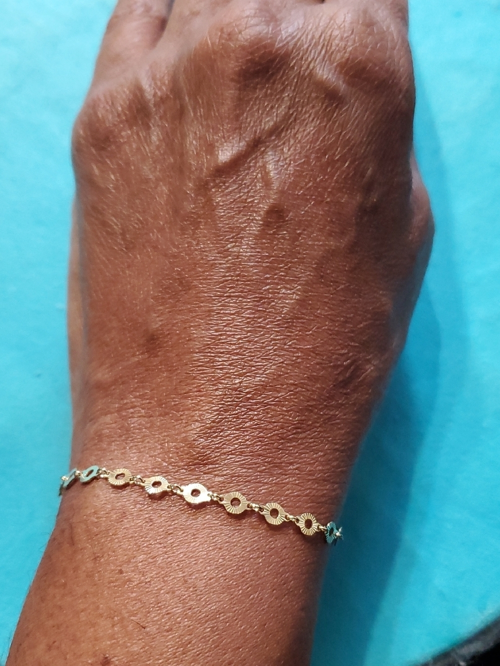 Delicate Art Deco Textured Round Link14K Goldplated Chain Bracelet with Extender